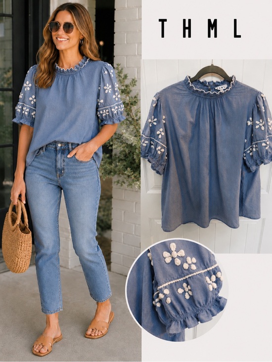 THML Tops - THML Blue & White Pinstripe Embroidered Floral Sleeve Cotton Top | Size L